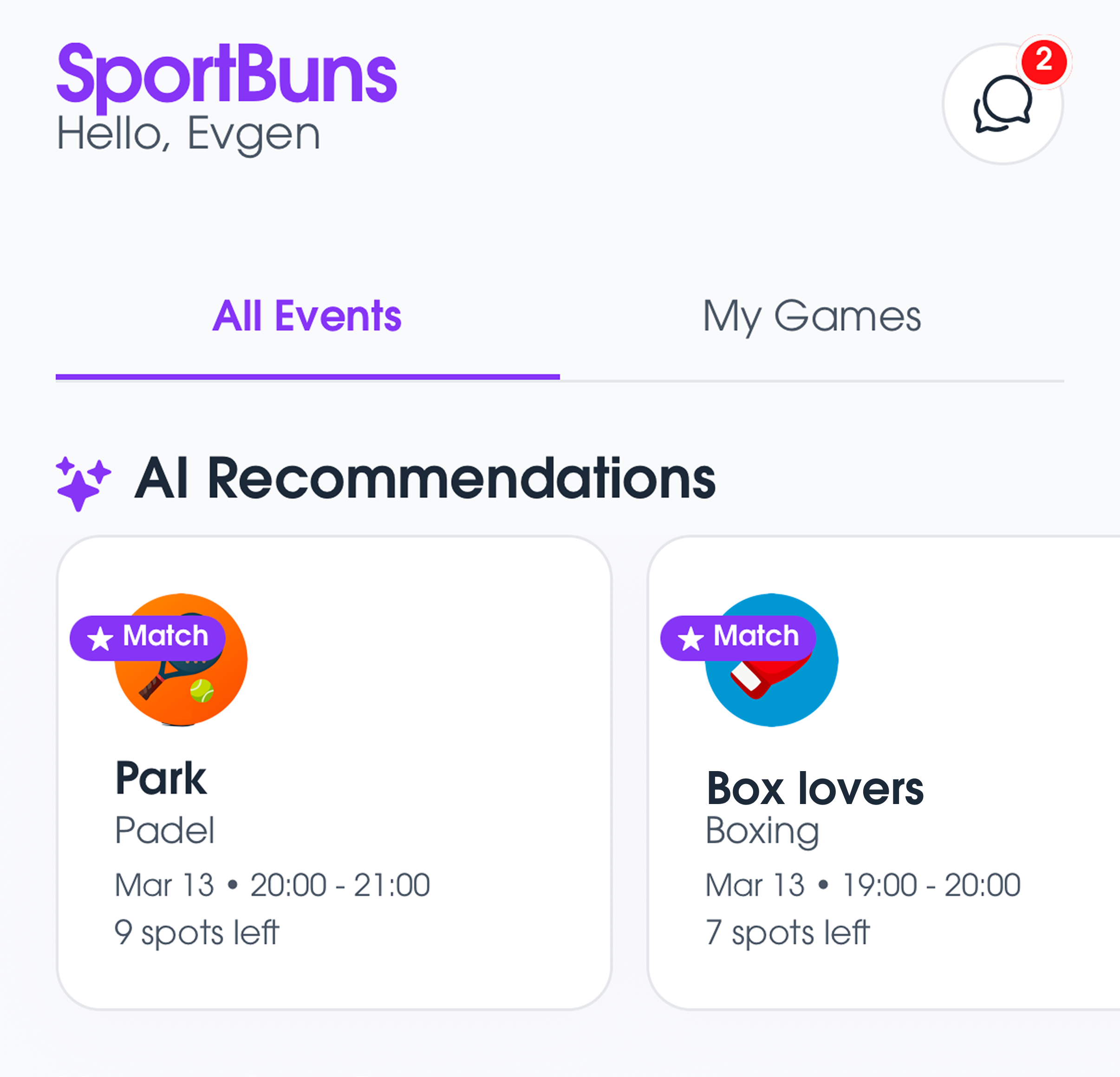 AI match recommendations screen